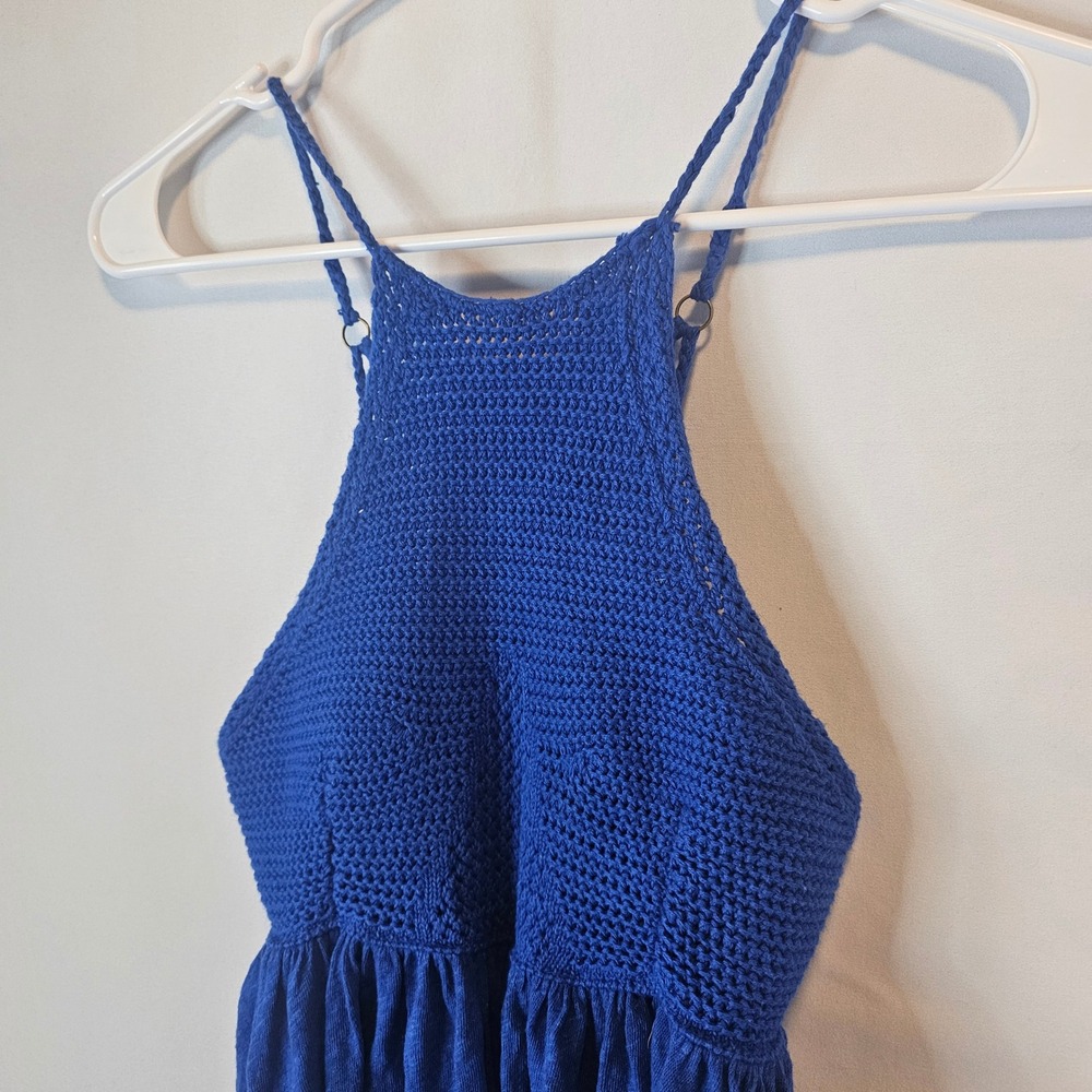 Free People Crochet Halter Tank Top XS Blue Boho Festival Strappy Peplum Hippie - Picture 2 of 8